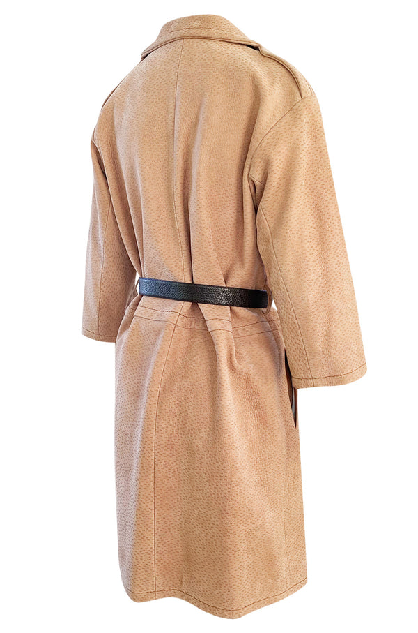 Fall 2003 Prada Runway Documented Ostrich Textured Suede Leather Coat w Belt