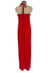 Easy to Wear 1980s Bill Blass Red Silk Crepe Gathered Front Halter Dress