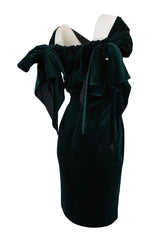 A/W 1989 Antony Price Bottle Green Velvet Dress w Removeable Bows