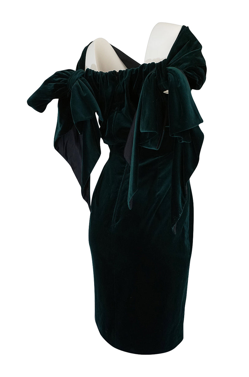 A/W 1989 Antony Price Bottle Green Velvet Dress w Removeable Bows
