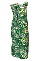 1950s Unlabeled Cotton Hawaiian Green Floral & Pineapple Print Dress