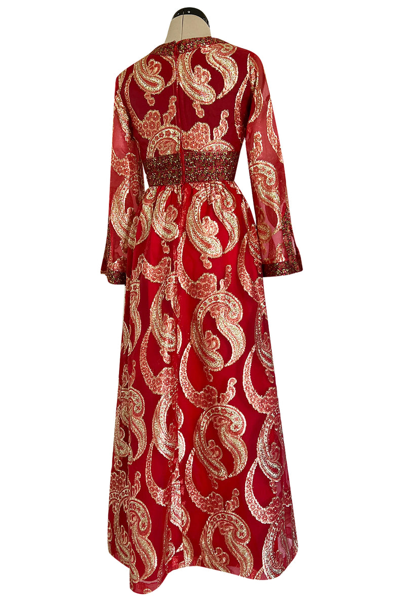 Spectacular 1970s Bill Blass Red Organza & Gold Metallic Applique Dress