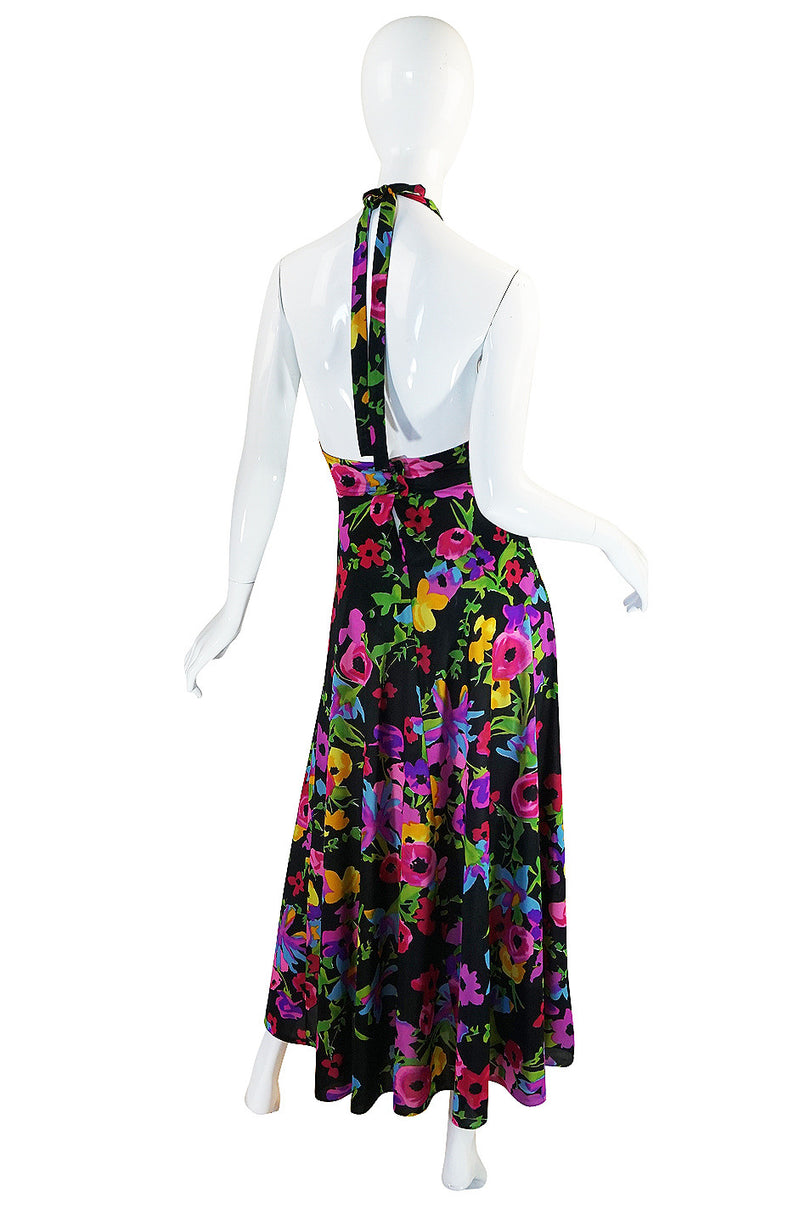 1970s Miss Dior Plunging Bright Floral Print Halter Dress