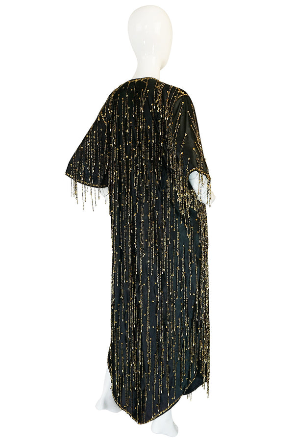 Incredible 1970s Completely Gold Beaded Fringe Black Caftan