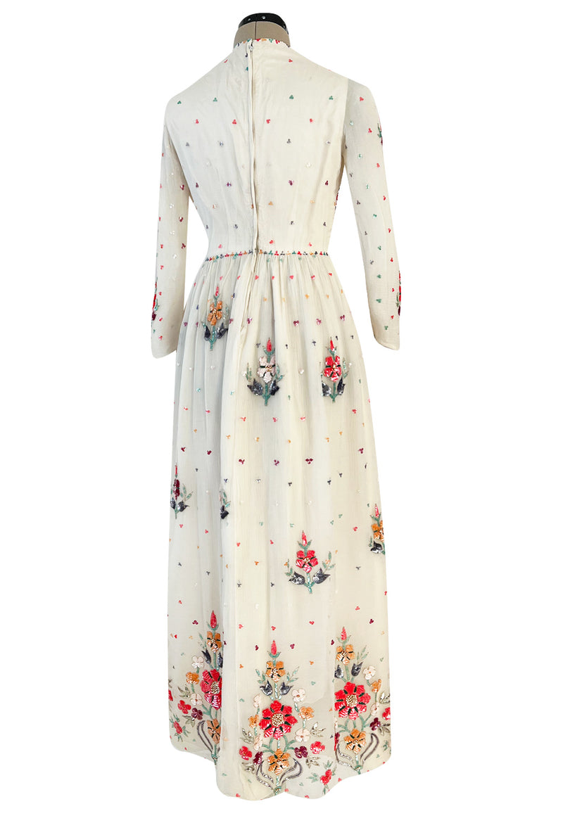 Exceptional 1960s Hand Sequinned Indian Silk Gauze Dress w Matching Veil or Shaw