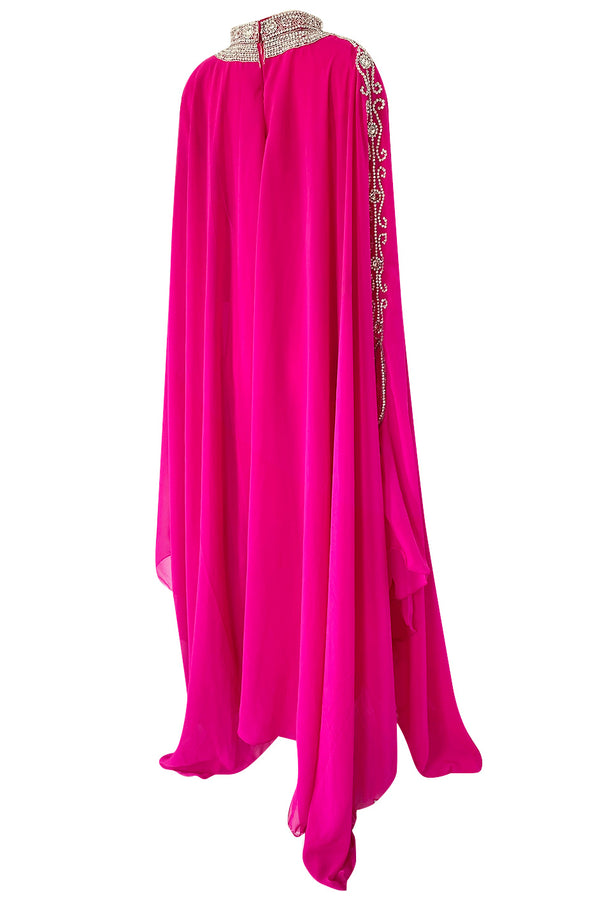 1980s Elaborate Crystal Covered Vibrant Pink Chiffon Caftan Dress