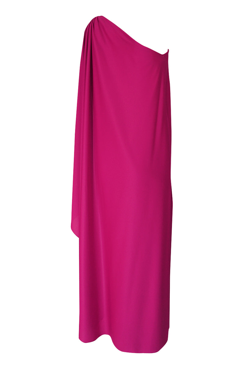 1978 Halston Pink One Shoulder Draped Jersey Dress