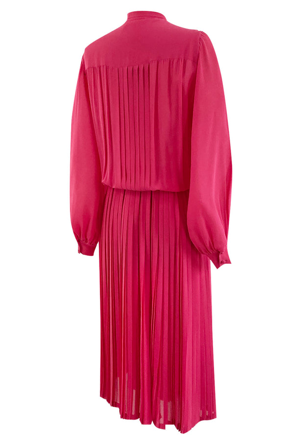 1970s Louis Feraud Haute Couture Hand Pleated Pink Silk Chiffon Day Dress w Bow