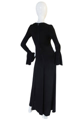 1970s Biba Ruffled Cuffs Black Moss Crepe Dress