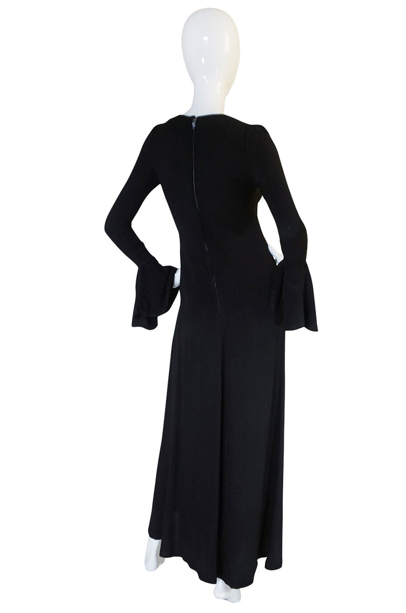 1970s Biba Ruffled Cuffs Black Moss Crepe Dress