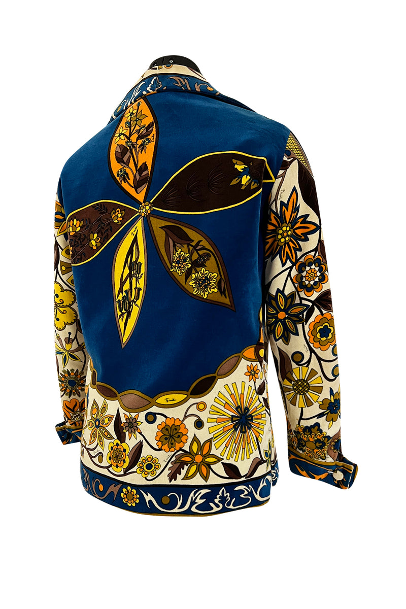 1960s Emilio Pucci Ivory, Yellow, Tan & Deep Blue Print Cotton Velvet Jacket