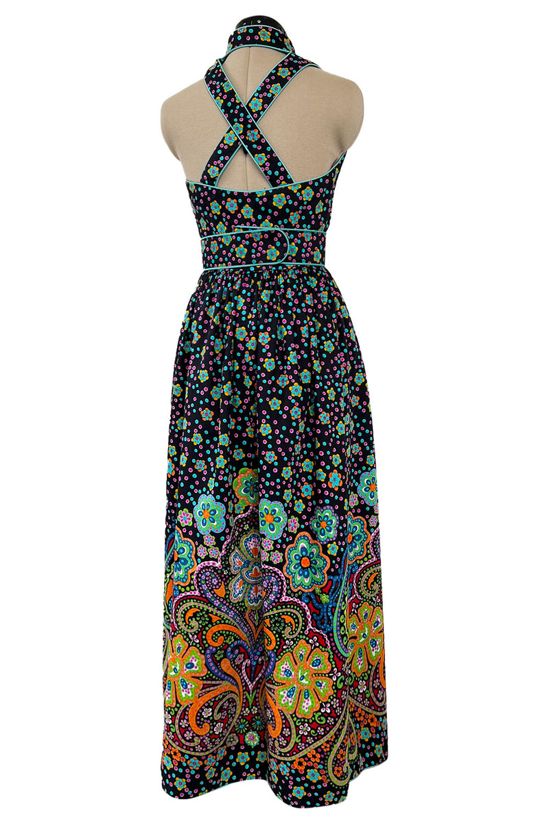 Prettiest Early 1970s Oscar de la Renta Floral Printed Halter Dress w Crossed Strap Open Back