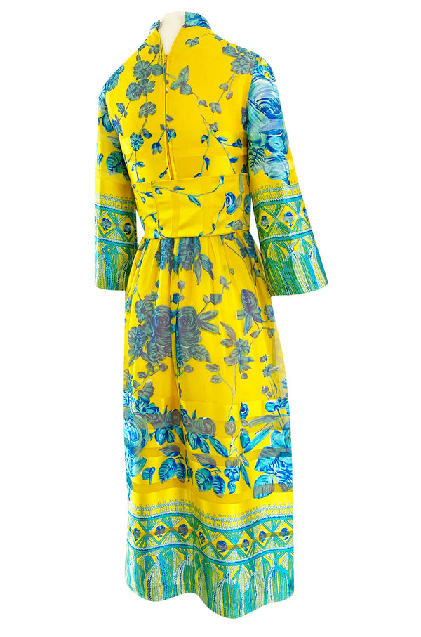 1972 Oscar de la Renta Vogue Documeted Yellow & Blue Silk Kimono Inspired Dress