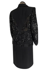 1980s Ady Couture Lausanne Transparent Lace & Sequin Jacket Suit w Black Pencil Skirt
