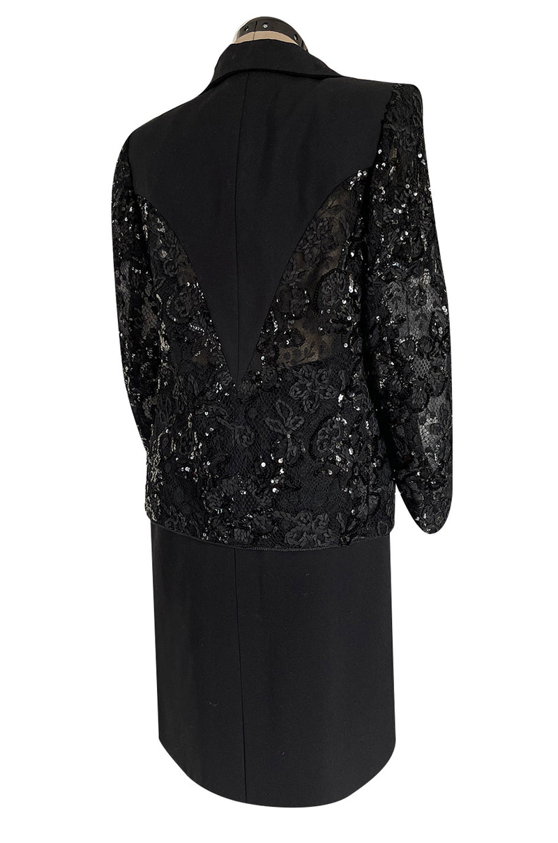 1980s Ady Couture Lausanne Transparent Lace & Sequin Jacket Suit w Black Pencil Skirt