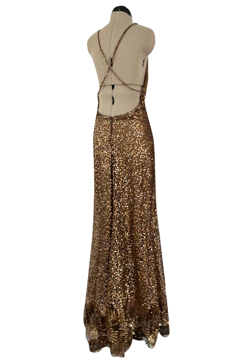 Fall 2002 Valentino Plunged Silk Net Chiffon Dress Completely Covered in Copper Sequins