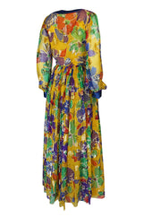 1970s Givenchy Silk Chiffon Floral & Metallic Heart Print Dress