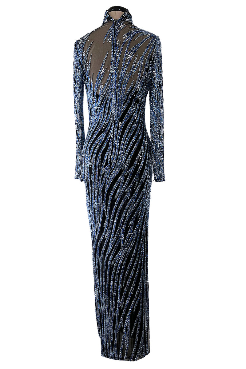 Incredible 1980s Bob Mackie Blue & Silver Beaded & Sequin Dress on Black Net