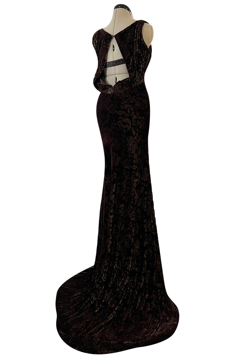 Documented Fall 2004 Richard Tyler Brown Printed Floral Velvet & Beaded Dress w Train & Plunge Back