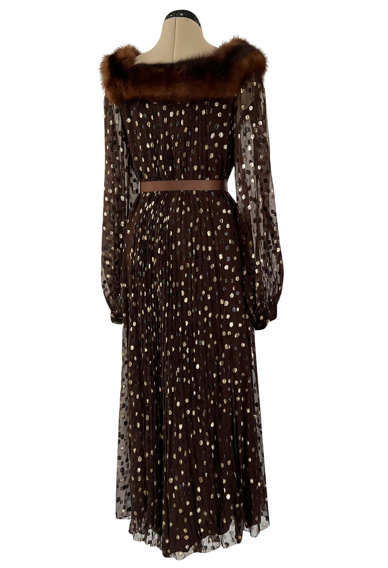 1970s Givenchy by Hubert de Givenchy Haute Couture Gold Metallic Dot on Silk Chiffon Dress w Mink Trim