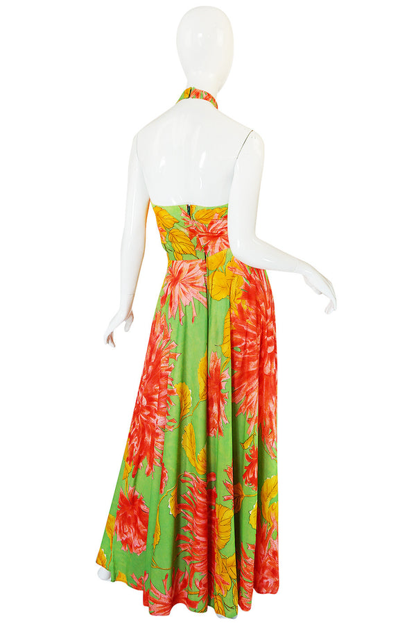 1970s Backless Nylon Jersey Tropical Halter Dress