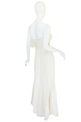 1970s Mongolian Fur Trimmed Cream Silk Travilla Gown