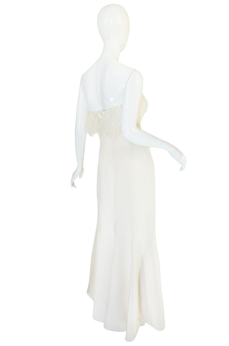 1970s Mongolian Fur Trimmed Cream Silk Travilla Gown