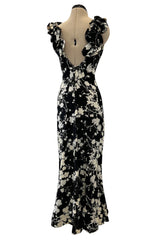 Prettiest 1930s Black & White Floral Print Bias Cut Silk Elaborate Ruffle Shoulder Dress