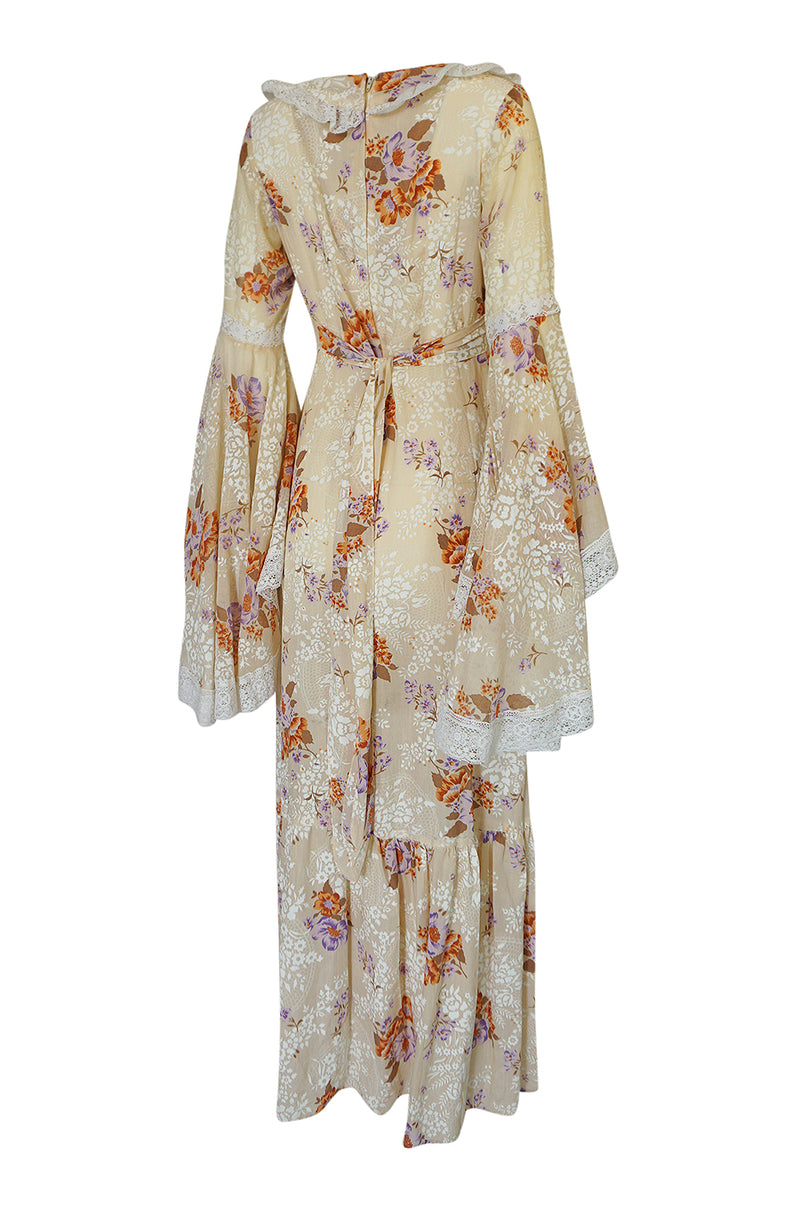 1970s Printed Angel Sleeve Floral Print Cotton Dress