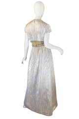 1960s Heavily Beaded Midriff Illusion Silver Gown