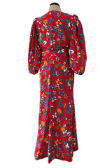 Prettiest Spring 1983 Yves Saint Laurent Runway Printed Floral Red Silk Dress w Tie Belt