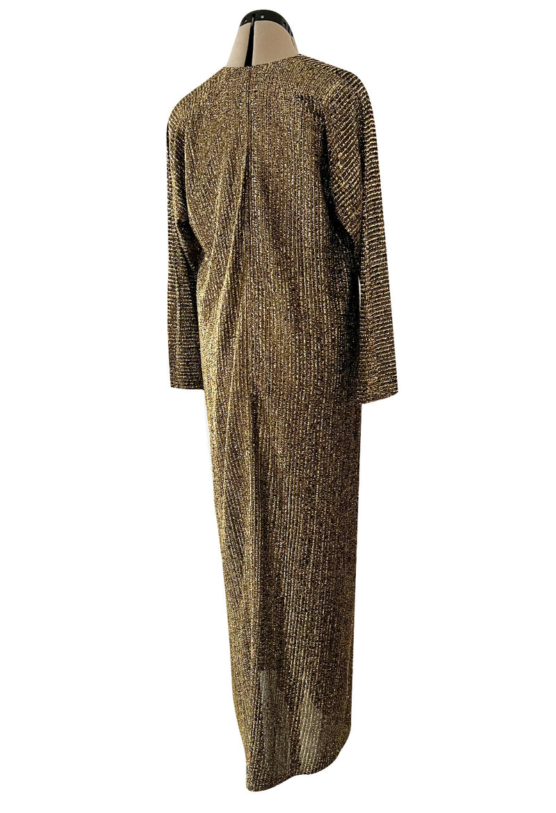 Classic 1970s Halston Metallic Gold Lame Lurex Full Length Caftan Dress w Notched Neckline