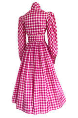 Spectacular Early 1960s Norman Norell Pink Gingham Silk Taffeta Dress w Bow & Pouf Sleeves