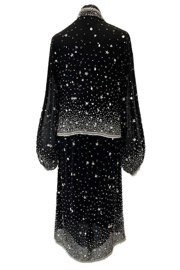 Gorgeous 1983 Halston Beaded Black Silk Chiffon Skirt & Jacket Set w Balloon Sleeves