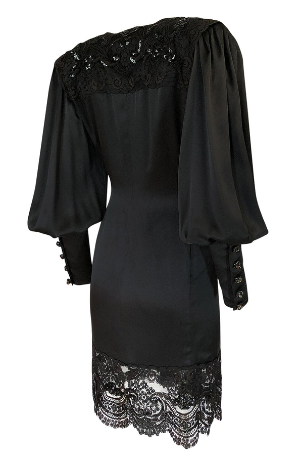 c.1988 Emanuel Ungaro Black Sequin Lace & Silk Satin Dress