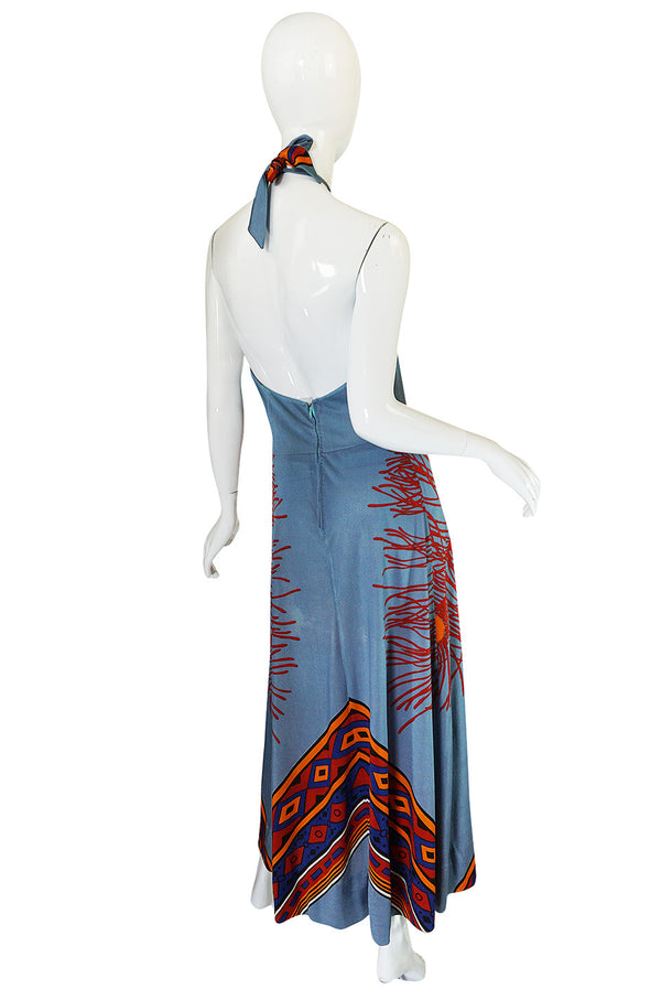 1970s Coral Printed Blue Jersey Halter Maxi Dress