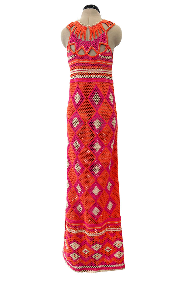 Prettiest Resort 2012 Christian Dior Hand Crocheted Pink & Orange Geometric Halter Dress