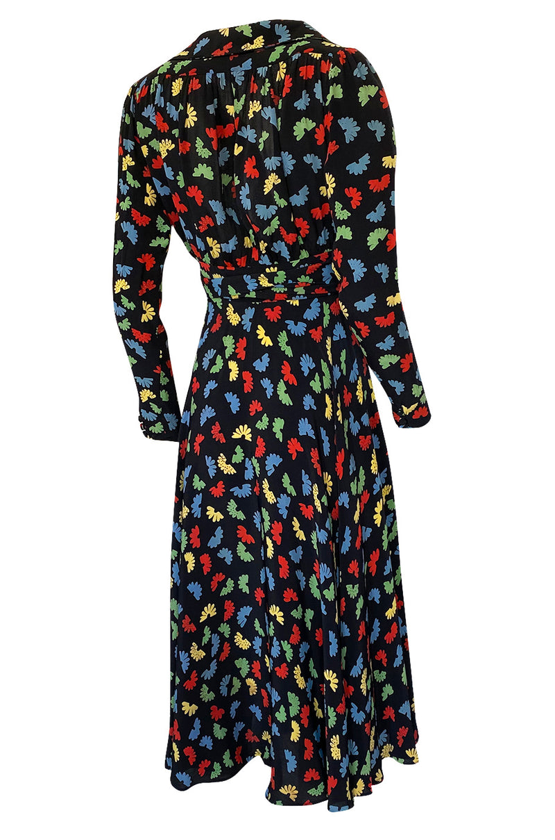 1970s Ossie Clark Celia Birtwell for Quorum Fan Print Front Plunge Dress