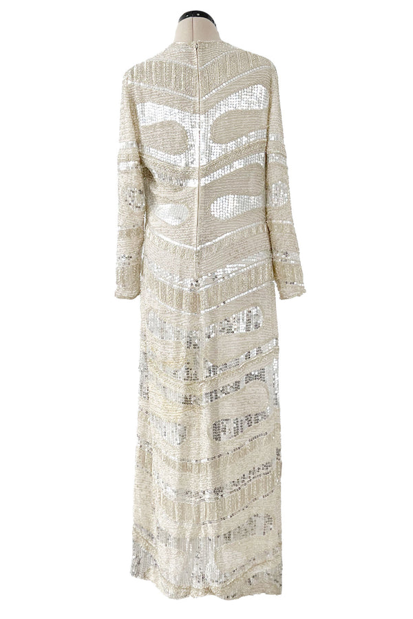 Iconic Spring 1981 Halston Fully Hand Beaded & Sequinned Silver & Ivory Silk Chiffon Dress