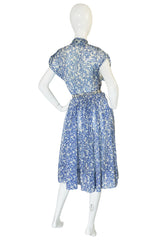 1940s Blue & White Chiffon Joker Print Novelty Dress