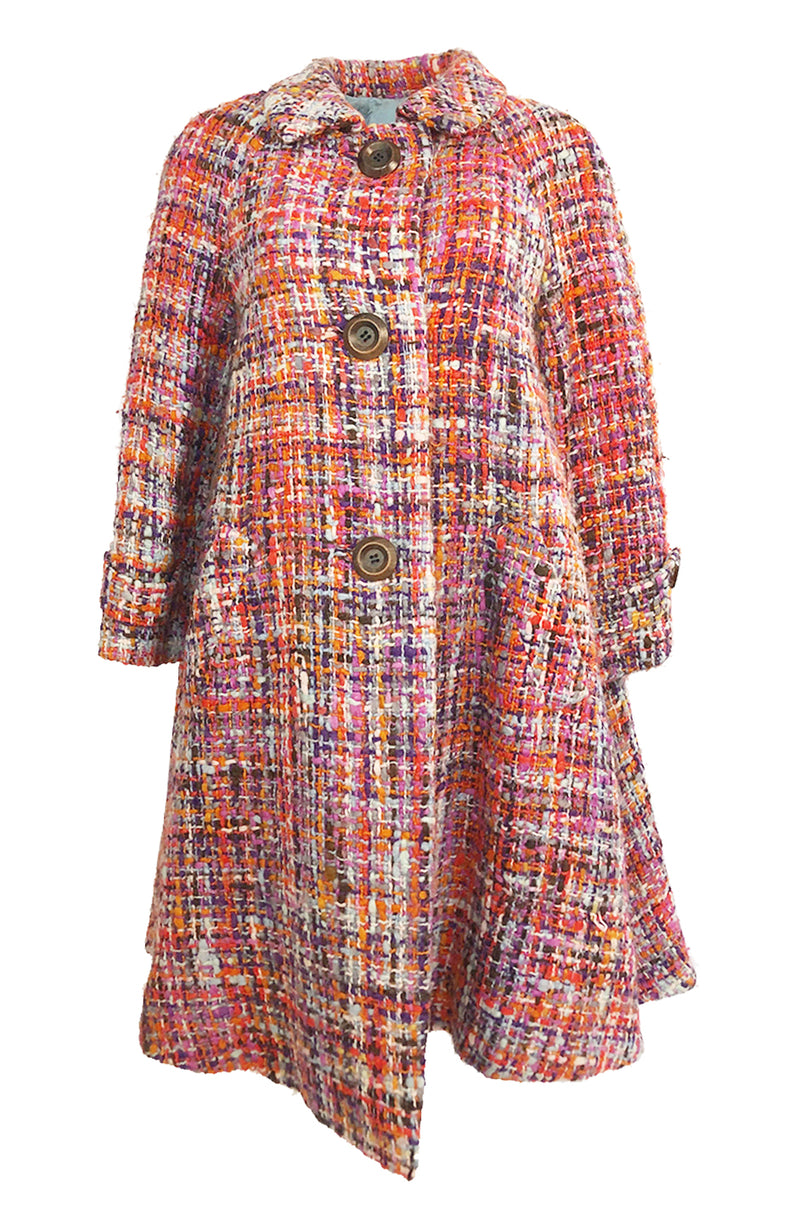Early 1960s Christian Dior Pink & Coral Textured Weave Boucle Swing Coat