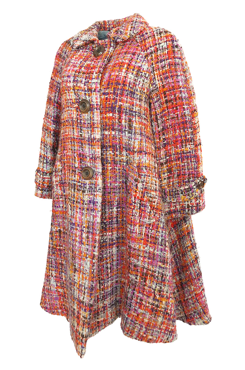 Early 1960s Christian Dior Pink & Coral Textured Weave Boucle Swing Coat