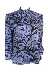 1980s Jean Louis Scherrer Blue Printed Silk Top w Asymmetrical Tie Neck