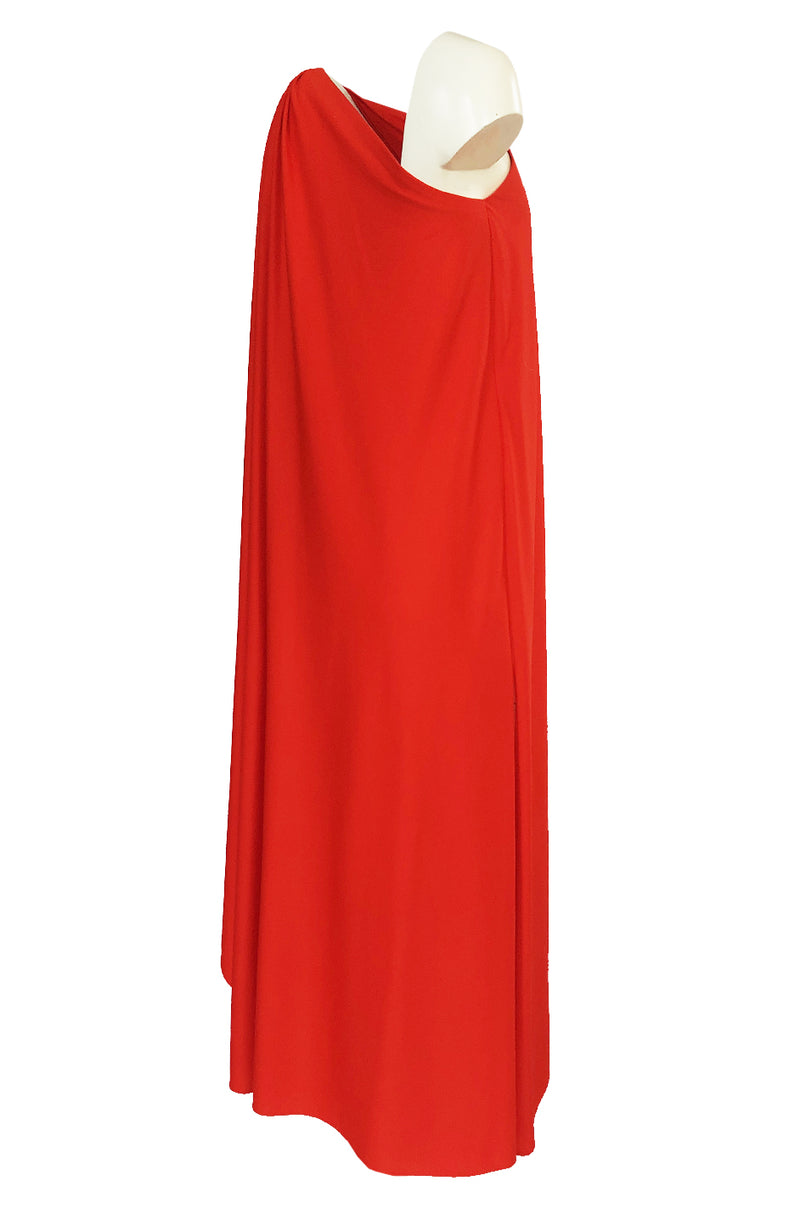 1978 Halston Iconic One Shoulder Red Draped Jersey Halston Dress