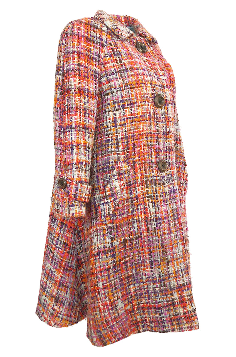 Early 1960s Christian Dior Pink & Coral Textured Weave Boucle Swing Coat