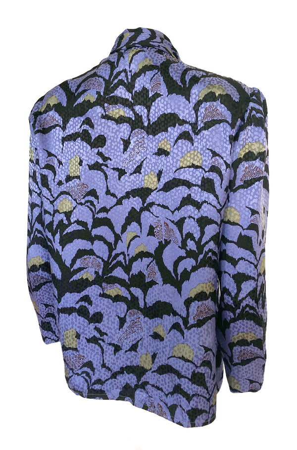 1980s Jean Louis Scherrer Blue Printed Silk Top w Asymmetrical Tie Neck