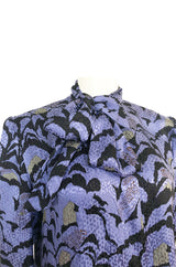 1980s Jean Louis Scherrer Blue Printed Silk Top w Asymmetrical Tie Neck
