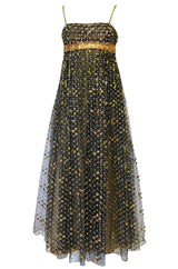 Fall 1968 James Galanos Couture Metallic Gold and Silver Detail on Net Dress