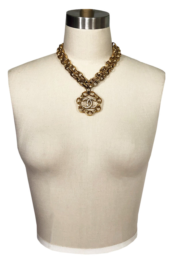2003 Chanel Gold & Crystal Medallion Large Link Chain Necklace