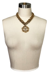 2003 Chanel Gold & Crystal Medallion Large Link Chain Necklace